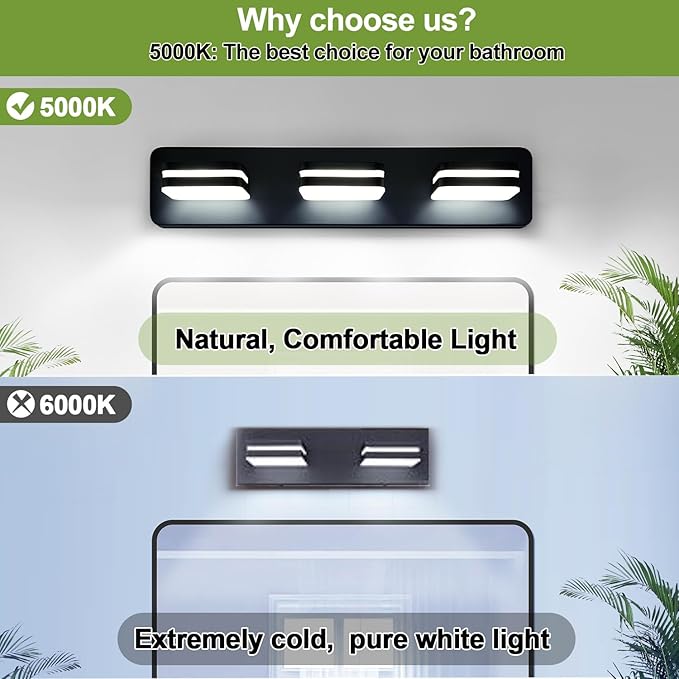 360° Rotate LED Bathroom Vanity Light Fixtures, 1300LM Acrylic Matte Black Vanity Lights for Bathroom, Modern Wall Lighting Fixtures Over Mirror Kitchen Living Room Hallway (Natural White Light 5000K)