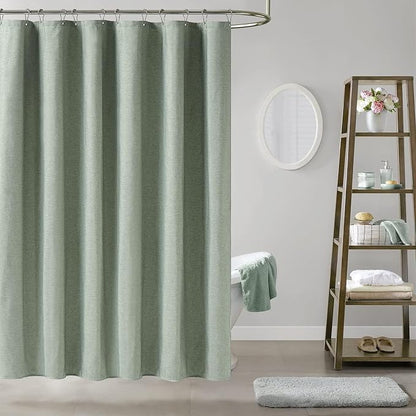48x72 Linen Textured Waterproof Fabric Shower Curtain Set, Sage Green | Stall Size, 230GSM Polyester, Heavy Duty Cloth, Weighted Hem, 8 Plastic Hooks, Modern Luxury Hotel Style, Machine Washable