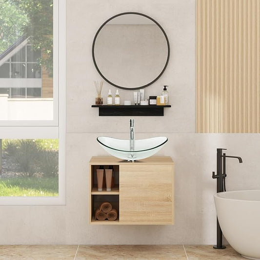YOURLITE Floating Bathroom Vanity with Sink, Wall-Mounted, 24" Bathroom Vanity and Sink Combo with Mirror and Faucet & Pop Up Drain Set Clear Glass Boat Sink