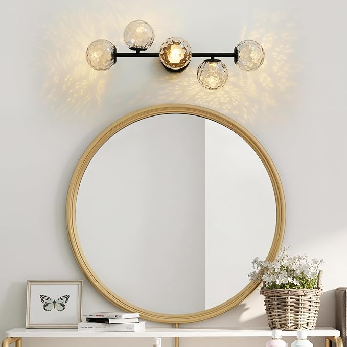 LED Bathroom Vanity Light Fixtures,Modern Black Makeup Bathroom Lighting | 5 Lights Hammered Clear Globe Glass Wall Sconce,Dimmable Mid Century Modern Bubble Glass Bathroom Vanity Lights over Mirror