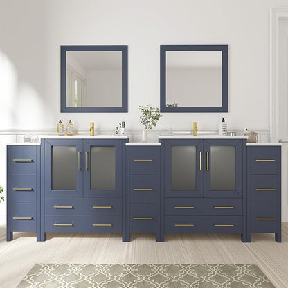 Vanity Art 96 Inch Under Mount Double Sink Bathroom Vanity Cabinet with 2 Mirrors, Ceramic Top Bathroom Cabinet Compact Set with 13 Dovetail Storage Drawers and Gold Finish Handles, VA3030-96B
