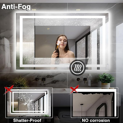 EchosLife 48"x30" LED Bathroom Mirror | Backlit + Front Lit, Anti-Fog, Stepless Dimmable, 3 Colors, Memory, Tempered Glass, UL Listed, Horizontal/Vertical