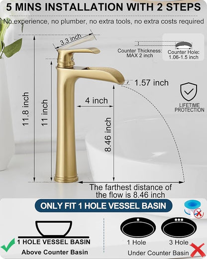 Vessel Sink Faucet, Tall Brass Waterfall Bathroom Faucet 1 Handle Gold Faucets for Bathroom Vanity 1 Hole with Pop-Up Drain & Supply Hoses