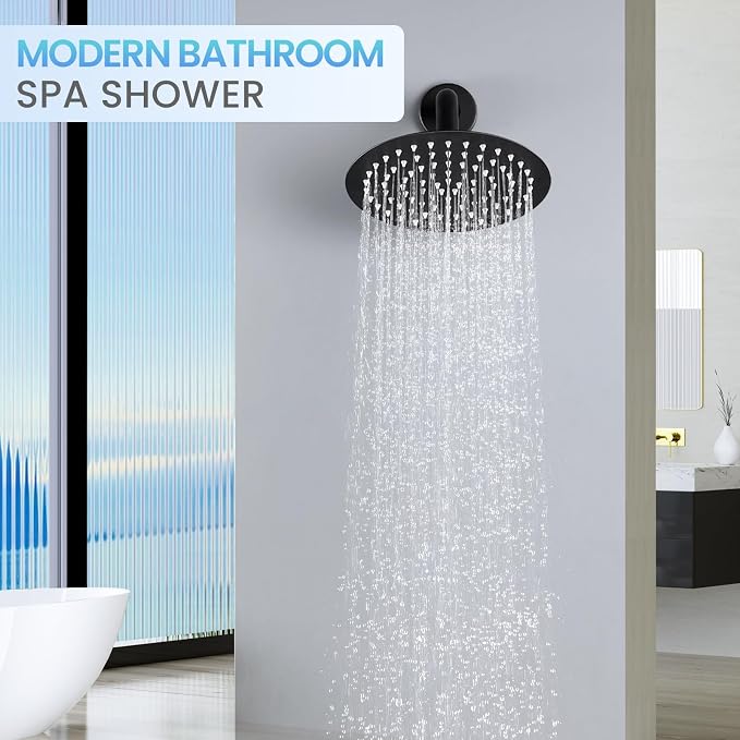 8 Inch Matte Black Round Rainfall Shower Head, All Metal Stainless Steel Rain Shower Heads with 90 Anti-Clog Silicone Nozzles, Wall or Ceiling Mount