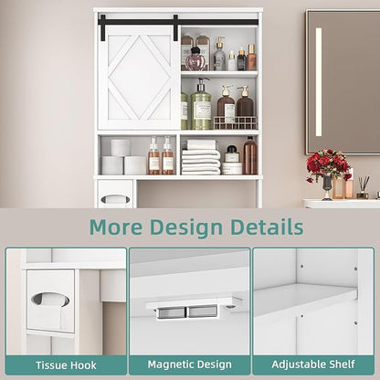 Over the Toilet Storage Cabinet with Farmhouse Sliding Barn Door, Above Toilet Organizer with Toilet Paper Holder Stand, Behind Toilet Shelf, Space Saver for Restroom, Bathroom, Laundry, White