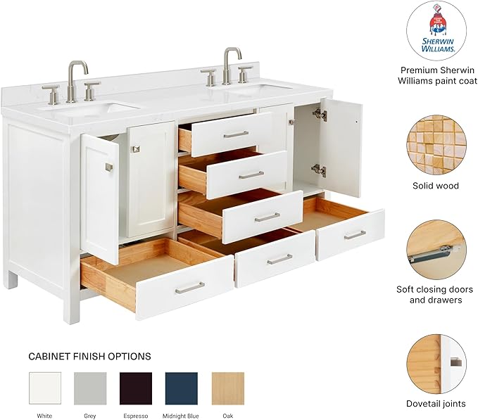 DKB Beckford 66-Inch White Double Bathroom Vanity, 1.5-Inch Edge Carrara Quartz Countertop & Splash, Rectangular Sinks, 4 Soft Closing Doors, 6 Full Extension Dovetail Drawers, Brushed Nickel