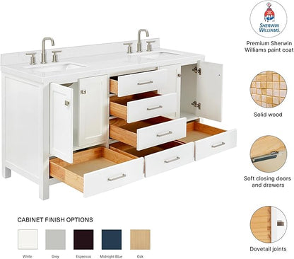 DKB Beckford 66-Inch White Double Bathroom Vanity, 1.5-Inch Edge Carrara Quartz Countertop & Splash, Rectangular Sinks, 4 Soft Closing Doors, 6 Full Extension Dovetail Drawers, Brushed Nickel