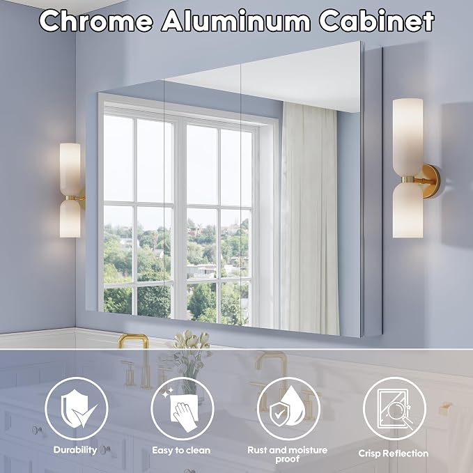 56" x 36" Bathroom Medicine Cabinet with Mirror, Anodized Chrome Aluminum Frame, Surface Mount or Recessed Medicine Cabinet with Mirror, Bathroom Mirror with Storage, Three Doors