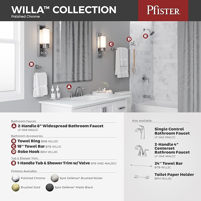 Pfister Willa Bathroom Sink Faucet, 8-Inch Widespread, 2-Handle, 3-Hole, NSF Certified, Polished Chrome Finish, LF049MALCC