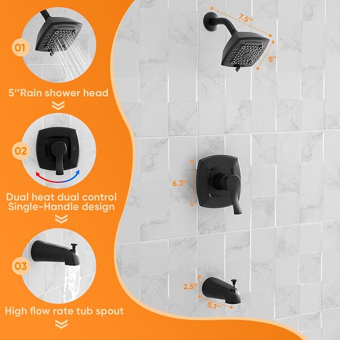 Tub Shower Faucet Set Valve Included with 6-Inch Rain Shower Head and Tub Spout Single-Handle Tub and Shower Trim Kit Matte Black
