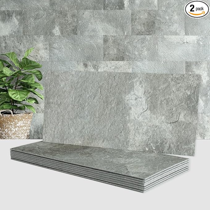 AULIGET 2-Piece Mountain Rock Peel and Stick Backsplash Wall Tiles, 6" x 12" PVC Faux Stone Stick on Tiles for Backsplash Kitchen, Bathroom, Laundry Room, Camper, Fireplace