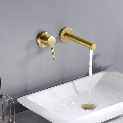 sumerain Bathroom Vanity Basin Faucet Wall Mount Left-Handed Single Handle with Rough in Valve, Brushed Gold