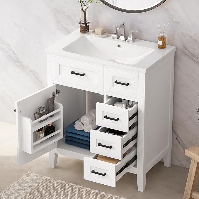 30 Inch Bathroom Vanities with Undermount Ceramic Sink, Storage Cabinet with Soft Closing Doors, Three Drawers and Organizer Rack Shelf, Solid Wood Frame, White