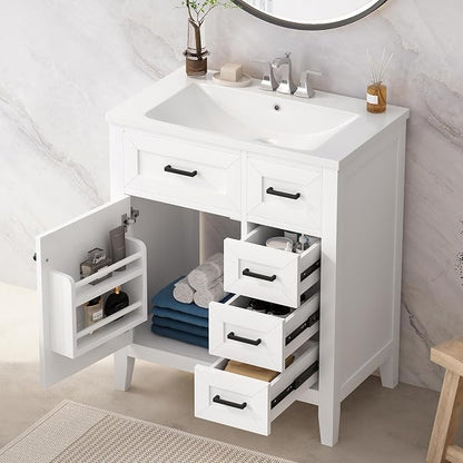 30 Inch Bathroom Vanities with Undermount Ceramic Sink, Storage Cabinet with Soft Closing Doors, Three Drawers and Organizer Rack Shelf, Solid Wood Frame, White