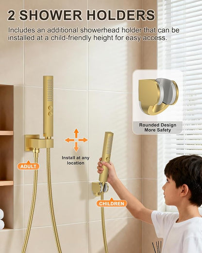 Brushed Gold Shower System with Tub Spout, Wall Mounted Bathtub Shower Faucet Set, 12" Rainfall Shower Head and Handheld Shower Combo, High Pressure Shower Fixtures Set with Rough-in Valve