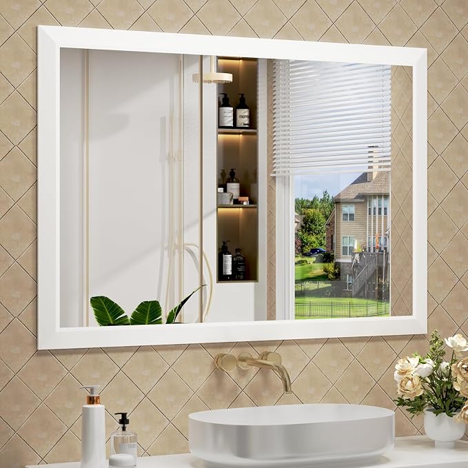 SMIROR 44x30 Matte White Bathroom Vanity Mirror for Over Sink | Metal Wide Frame, Rectangle, Right- Angle Corner, Anti-Rust, Horizontally or Vertically Wall- Mounted for Home Remodel