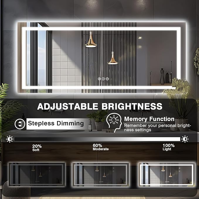 EchosLife 96"x36" Large LED Bathroom Mirror with Lights | Backlit + Front Lit, Anti-Fog, Stepless Dimmable, 3 Colors, Memory, Tempered Glass, UL Listed, Horizontal/Vertical