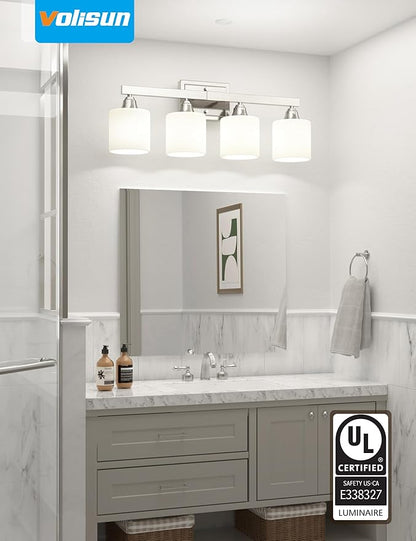 VOLISUN Brushed Nickel Bathroom Light Fixtures, 4-Light Bathroom Vanity Lights Over Mirror, Modern Vanity Light for Bathrooms, Bathrooms Lights Fixtures Over Mirror with Milky White Glass Shades