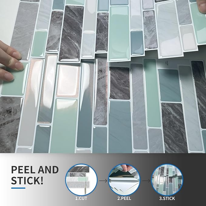10-Sheet Peel and Stick Kitchen Backsplash Tiles | 3D Waterproof Self Adhesive Wall Tile Stick on Backsplash for Kitchen and Bathroom(Blue Green,12"×12")