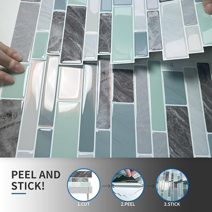 10-Sheet Peel and Stick Kitchen Backsplash Tiles | 3D Waterproof Self Adhesive Wall Tile Stick on Backsplash for Kitchen and Bathroom(Blue Green,12"×12")