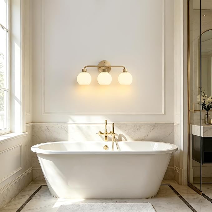 Bathroom Light Fixtures Gold Vanity Light 3 Light Brushed Brass | Wall Sconces Lighting with Milk Globe Glass Shades Bath Wall Lamp for Mirror Kitchen Living Room Bedroom Hallway
