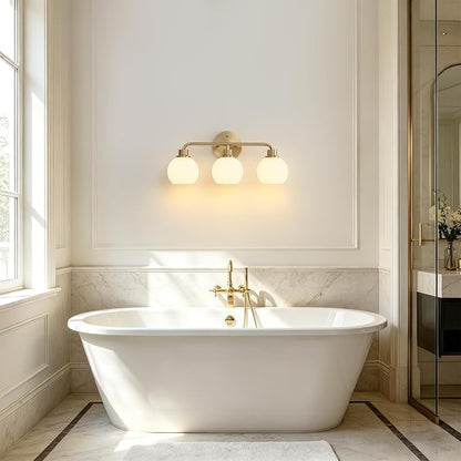 Bathroom Light Fixtures Gold Vanity Light 3 Light Brushed Brass | Wall Sconces Lighting with Milk Globe Glass Shades Bath Wall Lamp for Mirror Kitchen Living Room Bedroom Hallway