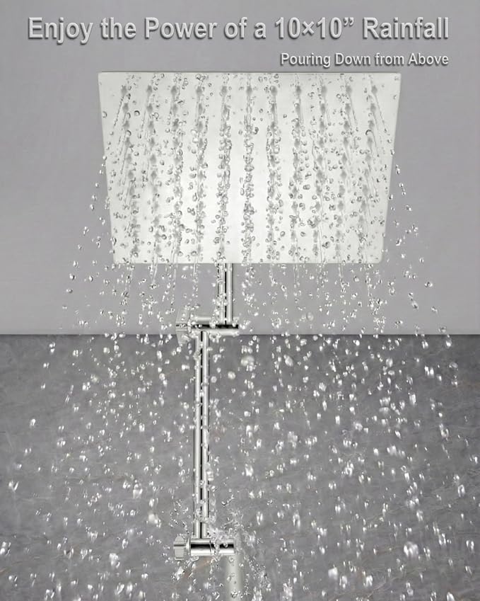 All Metal Rain Shower Head, 10'' High Pressure Rainfall Square Showerhead with 16" Shower Head Extension Arm, Stainless Steel Adjustable Shower Arm Extender, Waterfall fixed Showerheads, Chrome