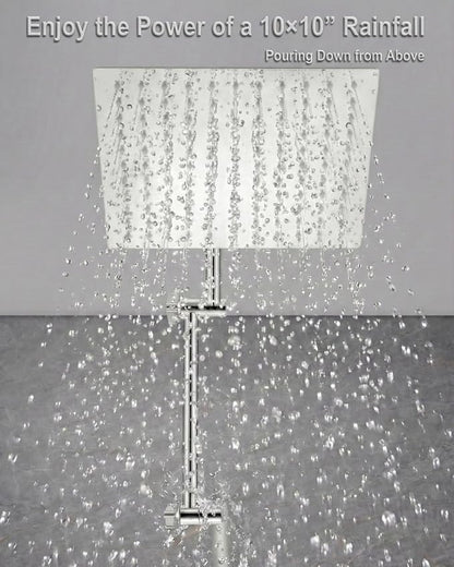 All Metal Rain Shower Head, 10'' High Pressure Rainfall Square Showerhead with 16" Shower Head Extension Arm, Stainless Steel Adjustable Shower Arm Extender, Waterfall fixed Showerheads, Chrome