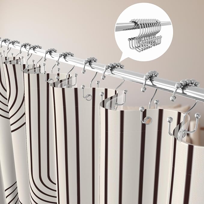 3 in 1 Shower Curtain Set, Boho Mid Century Modern | Polyester Bath Curtain with Magnetic PEVA Liner and 12 Double Sided Stainless Steel Hooks 72x72 Inches
