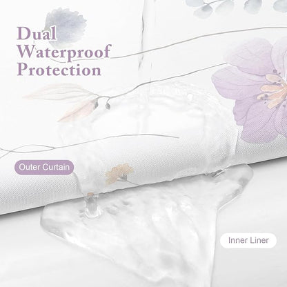 Small Stall 3 in 1 Shower Curtain Set, Purple Watercolor Floral Bath Curtain and PEVA Liner Set with 12 Double Sided Steel Hooks, Waterproof Fabric Bathroom Curtain 36x72