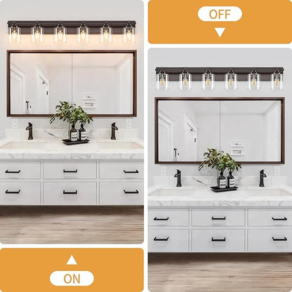 6 Light Modern Bathroom Light Fixtures Over Mirror, Bronze Finish Vanity Lights for Bathroom Wall Sconces with Clear Glass Shades, E26 Socket (Bulbs Not Included)