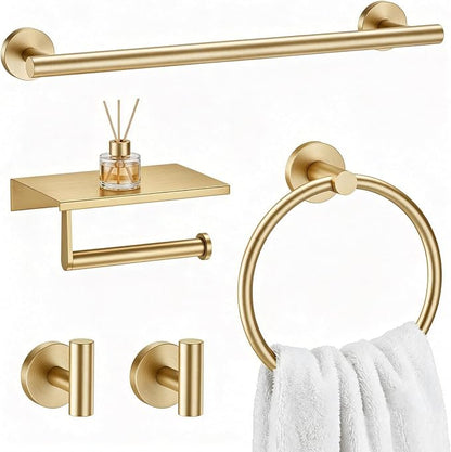 Gold 5-Piece Bathroom Hardware Set, 23.6 Inch Towel Bar Set SUS304 Stainless Steel Towel Racks for Bathroom Round Towel Bar, Towel Ring, Toilet Paper Holder, 2 Robe Hooks, Wall Mounted