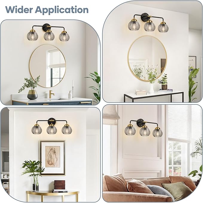 Bathroom Light Fixtures, 3-Light Smokegray Vanity Lights with Unique Leaf Texture Glass Shade, Modern Matte Black and Gold Bathroom Wall Lamp for Mirror Hallway Cabinet Living Room