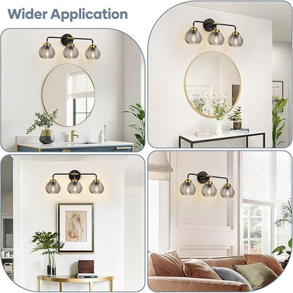 Bathroom Light Fixtures, 3-Light Smokegray Vanity Lights with Unique Leaf Texture Glass Shade, Modern Matte Black and Gold Bathroom Wall Lamp for Mirror Hallway Cabinet Living Room