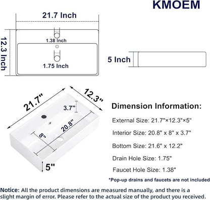 Wall Mount Bathroom Sink 22"x12" Small Vessel Sink Wall Mounted Rectangular Wall Hung Mini White Porcelain Ceramic Floating Tiny Sink with Overflow, Durable, Space-Saving, Ideal for Home,RV