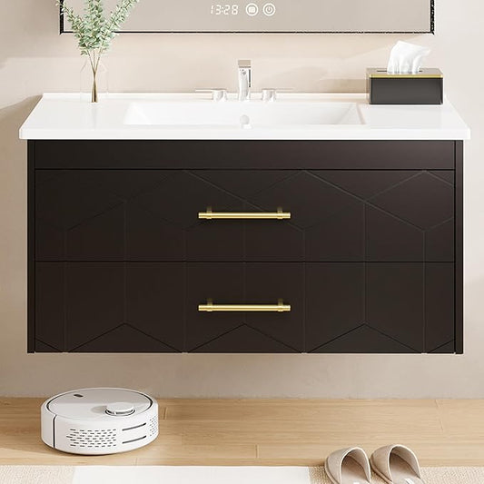 Garvee 36" Bathroom Vanity with Sink, Floating Bathroom Vanity with Ceramic Basin, 2 Large Storage Drawers with Gold Metal Handle, Modern Wall Mounted Bathroom Cabinet with Sink, Black