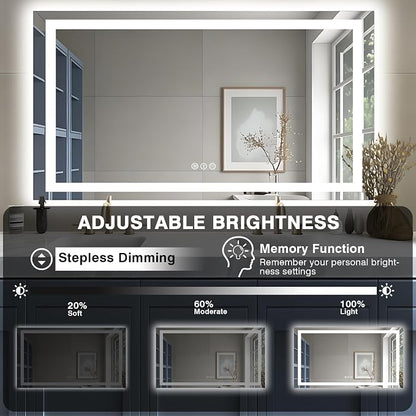 EchosLife 55"x30" LED Bathroom Mirrors for Wall | Backlit + Front Lit, Anti-Fog, Stepless Dimmable, 3 Colors, Memory, Tempered Glass, UL Listed, Horizontal/Vertical