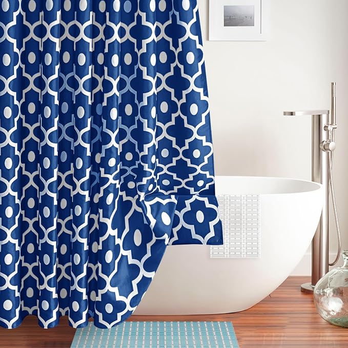 Fabric Modern Moroccan Shower Curtains for Bathroom-Indigo and White | 72"W x 72"L Textured Faux Linen Elegant Classic Bath Decor-Hotel Quality Transitional Geometric Washable & Breathable Cloth