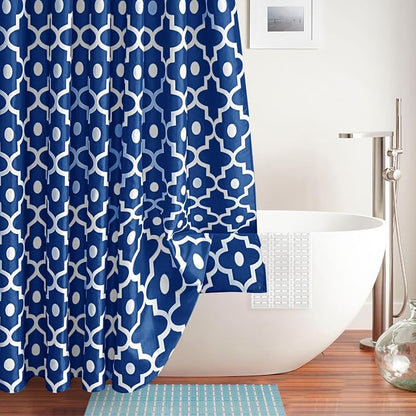 Fabric Modern Moroccan Shower Curtains for Bathroom-Indigo and White | 72"W x 72"L Textured Faux Linen Elegant Classic Bath Decor-Hotel Quality Transitional Geometric Washable & Breathable Cloth