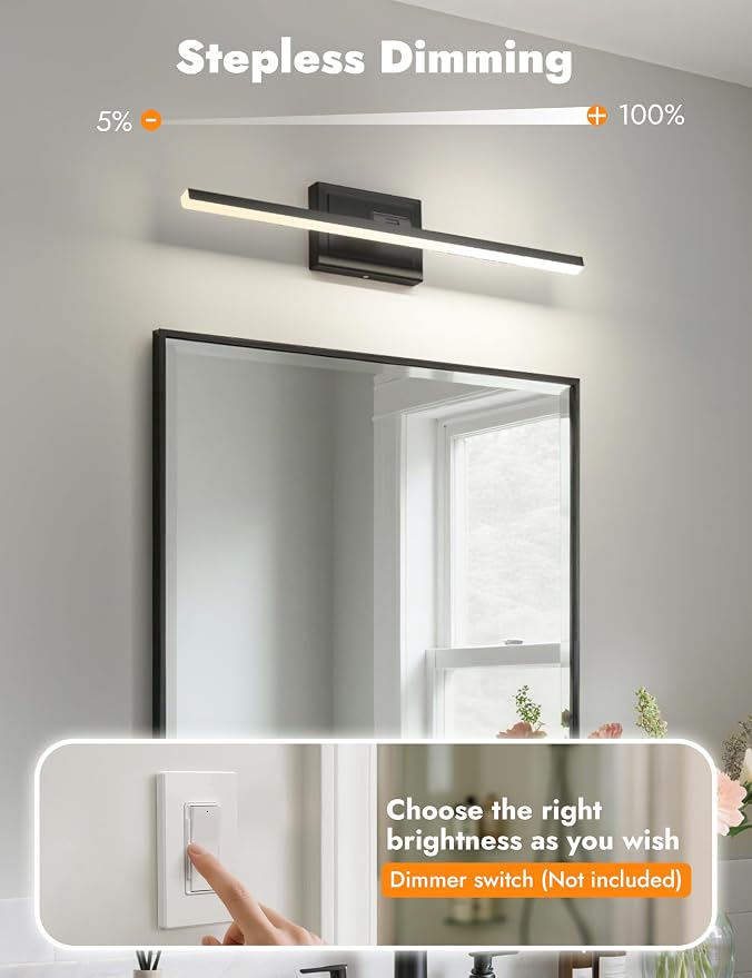 24 Inch Modern Bathroom Light Fixture, 14W 5CCT Dimmable LED Black Bathroom Vanity Lights Over Mirror, Vanity Lights for Bathrooms Restroom Mirror- ETL Certified