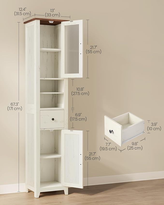 VASAGLE LIRY Collection -Tall Bathroom Cabinet, Farmhouse Freestanding Storage Cupboard with Drawer and Doors, Narrow Space Saver, 13 x 12.4 x 67.3 inch,Rustic White and Honey Brown, UBBK660W101S