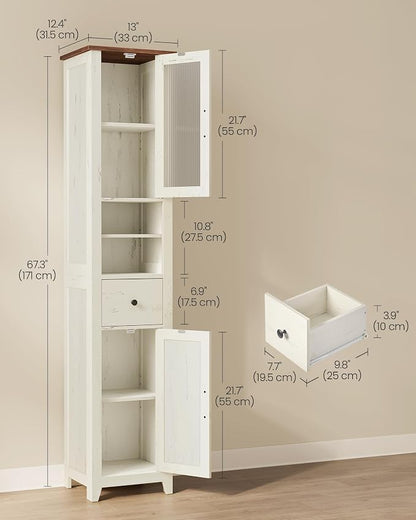 VASAGLE LIRY Collection -Tall Bathroom Cabinet, Farmhouse Freestanding Storage Cupboard with Drawer and Doors, Narrow Space Saver, 13 x 12.4 x 67.3 inch,Rustic White and Honey Brown, UBBK660W101S
