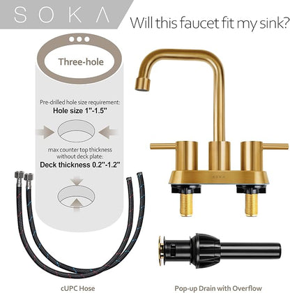 SOKA Centerset Bathroom Faucet 2 Handles 4 Inch Commercial Hand Sink Touch Faucets 3 Hole Bathroom Sink Faucet Gooseneck, Gold