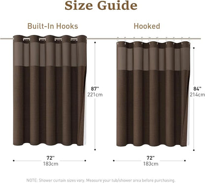 72x87 Ringless Linen Textured Shower Curtain with Snap in Liner, Brown | Extra Long Size, 3 in 1 Durable Fabric Shower Curtain, Removable Liner, Waterproof & Washable, Mesh Top Window, Easy Setup