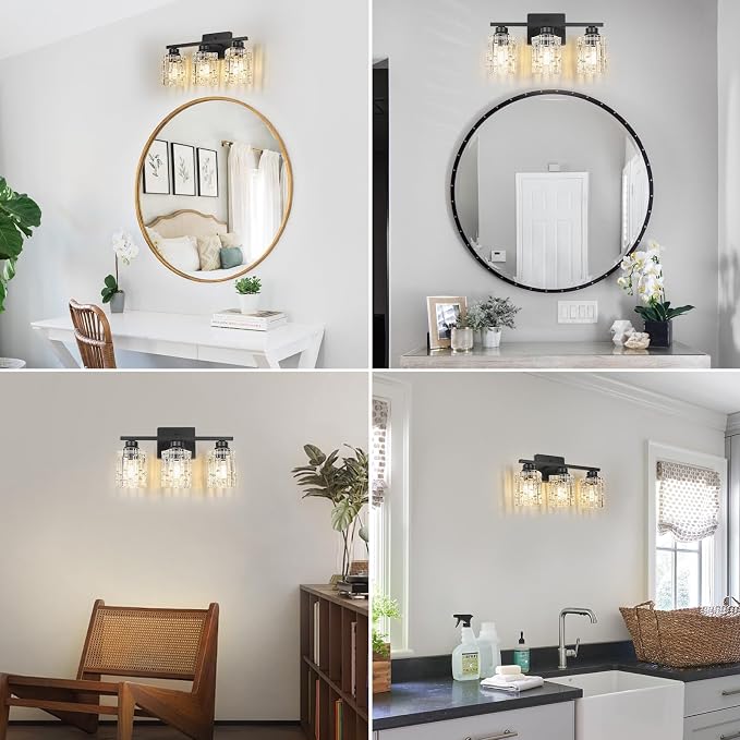 Refice 3-Light Bathroom Vanity Lights Crystal Glass, Black | Bathroom Light Fixtures Vanity Lighting Over Mirror for Living Room Farmhouse, Hallway