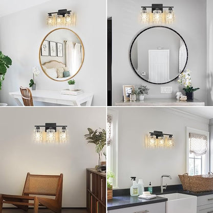 Refice 3-Light Bathroom Vanity Lights Crystal Glass, Black | Bathroom Light Fixtures Vanity Lighting Over Mirror for Living Room Farmhouse, Hallway