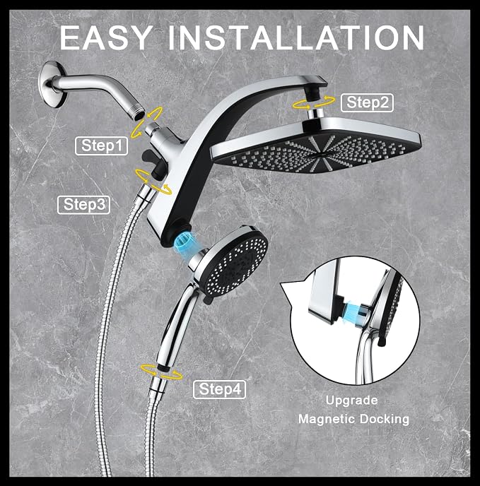 12" High Pressue Rain Shower Head with Handheld, 9 Sprays Hand Showerhead | Shower Heads with Handheld Spray Combo, Dual Head, Built-in Magnetic Docking, Power Jets, 59" Shower Hose, Chrome 1.75GPM