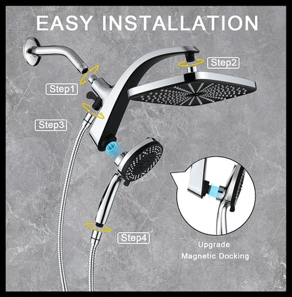 12" High Pressue Rain Shower Head with Handheld, 9 Sprays Hand Showerhead | Shower Heads with Handheld Spray Combo, Dual Head, Built-in Magnetic Docking, Power Jets, 59" Shower Hose, Chrome 1.75GPM