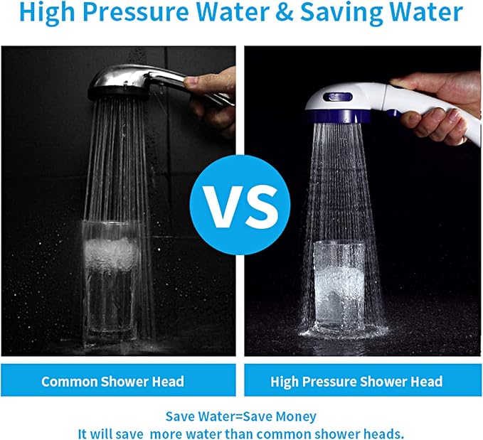 KAIYING High Pressure Handheld Shower Head with ON/OFF Pause Switch | 3 Spray Modes Shower Wand with Shut Off Button, Camper & RV Showerhead with Hose & Angle Adjustable Bracket, White & Blue
