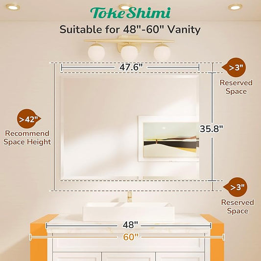 TokeShimi 48x36 Frameless Bathroom Mirror for Over Sink with 1" Beveled Edge, Tempered Bathroom Vanity Mirror Beveled, Shatterproof Rectangle Mirrored Wall Mounted for Living Room, Entryway